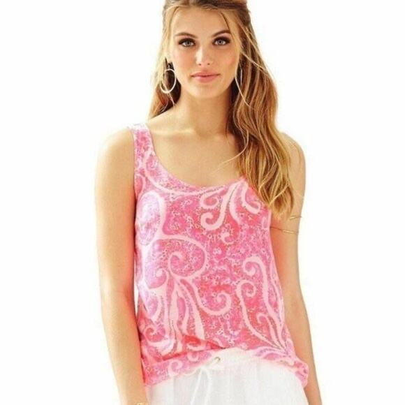 Lilly Pulitzer Pink Printed 100% Silk Sleeveless Scoop Neck Tank Top Size Small - Picture 6 of 8